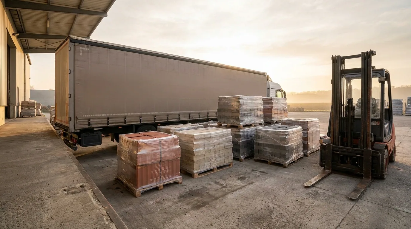 Loading yard at first light with pallets staged on the apron
