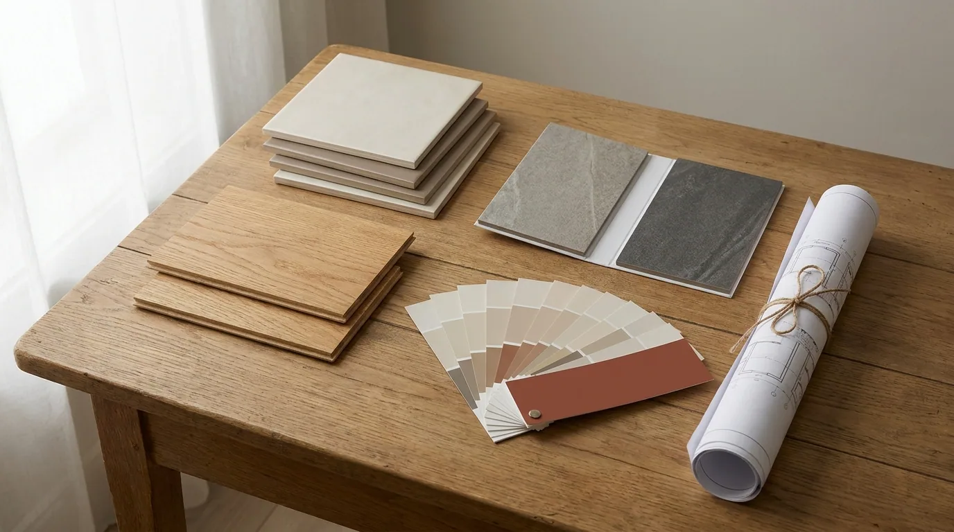 Specification desk with tile, flooring and paint samples