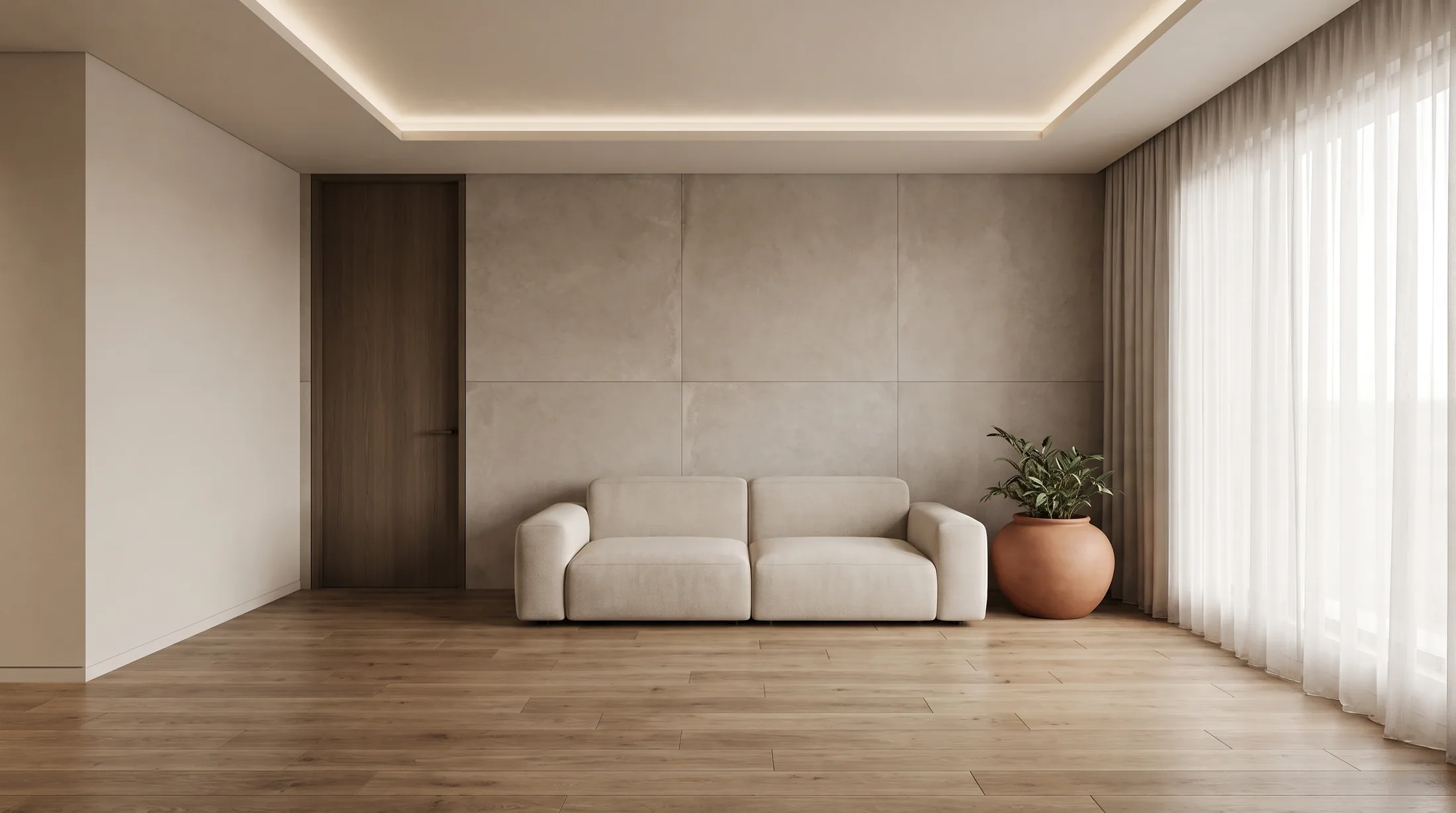 The same apartment finished: oak laminate floor, painted walls, a large-format porcelain feature wall and a plasterboard ceiling.