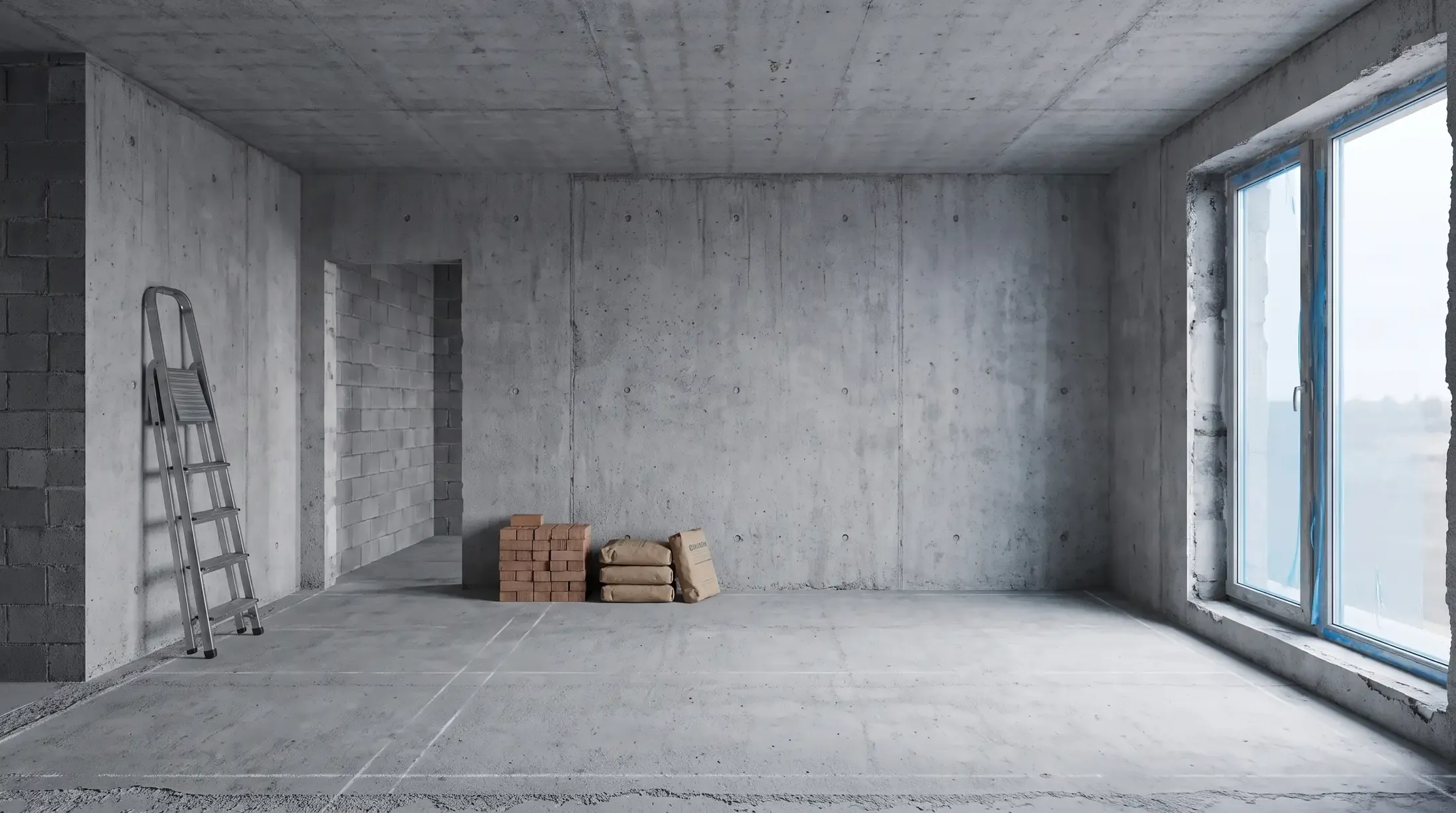 The apartment as a raw construction shell: bare concrete floor and soffit, unfinished walls, a bare door void, and sacks of dry mix stacked on the slab.