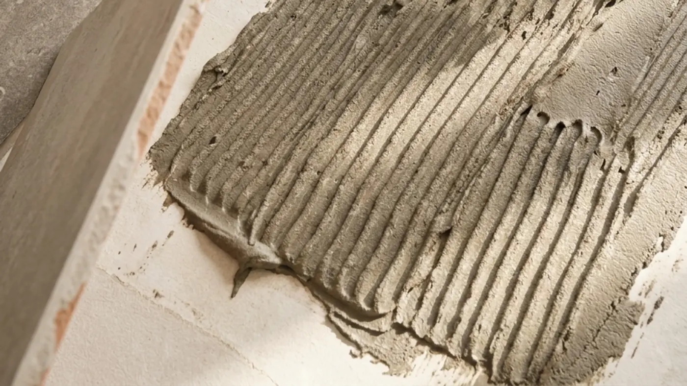 A notched trowel drawn through fresh grey tile adhesive, leaving even ridges